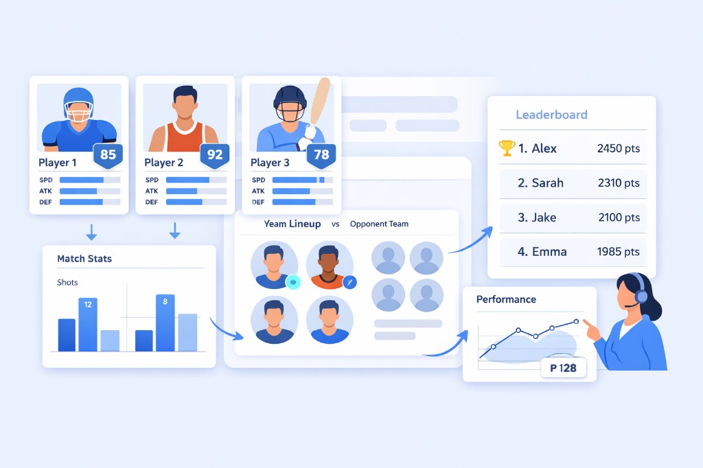 Illustration of sports strategy competitions using player statistics and performance rankings.